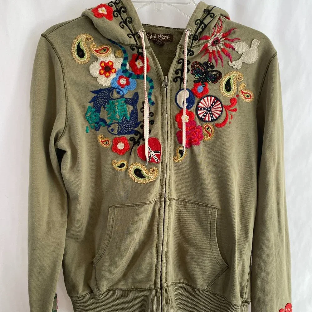 SOLD Lucky Brand Embroidered Khaki Green Zip Front Hoodie Sweatshirt NWOT - Picture 14 of 14